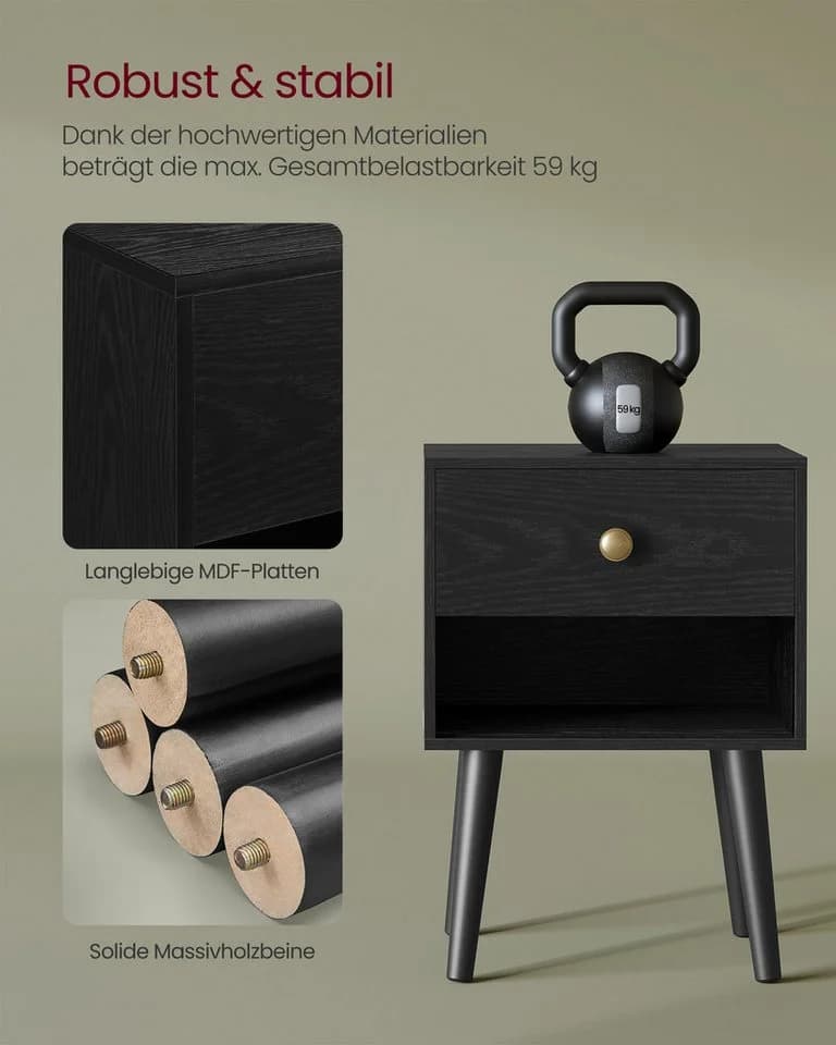 VASAGLE Nachttisch 2-St. Beistelltisch mit Schublade, offene Ablage, Holzbeine - Bild 4