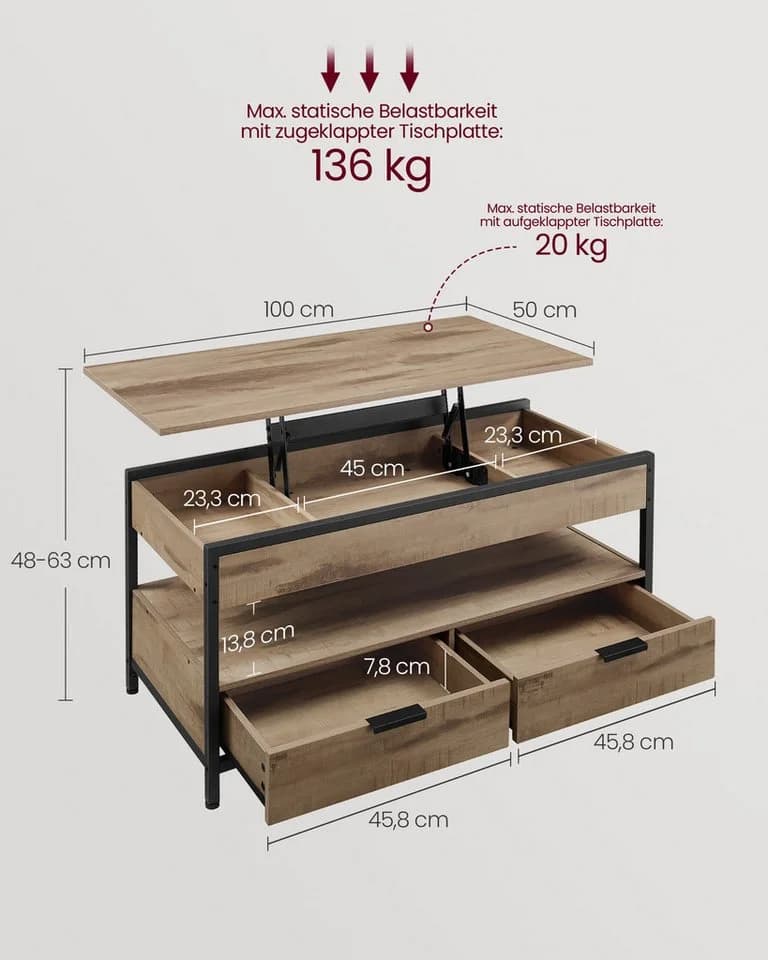 VASAGLE Couchtisch Braun/Schwarz Höhenverstellbar 2 Schubladen