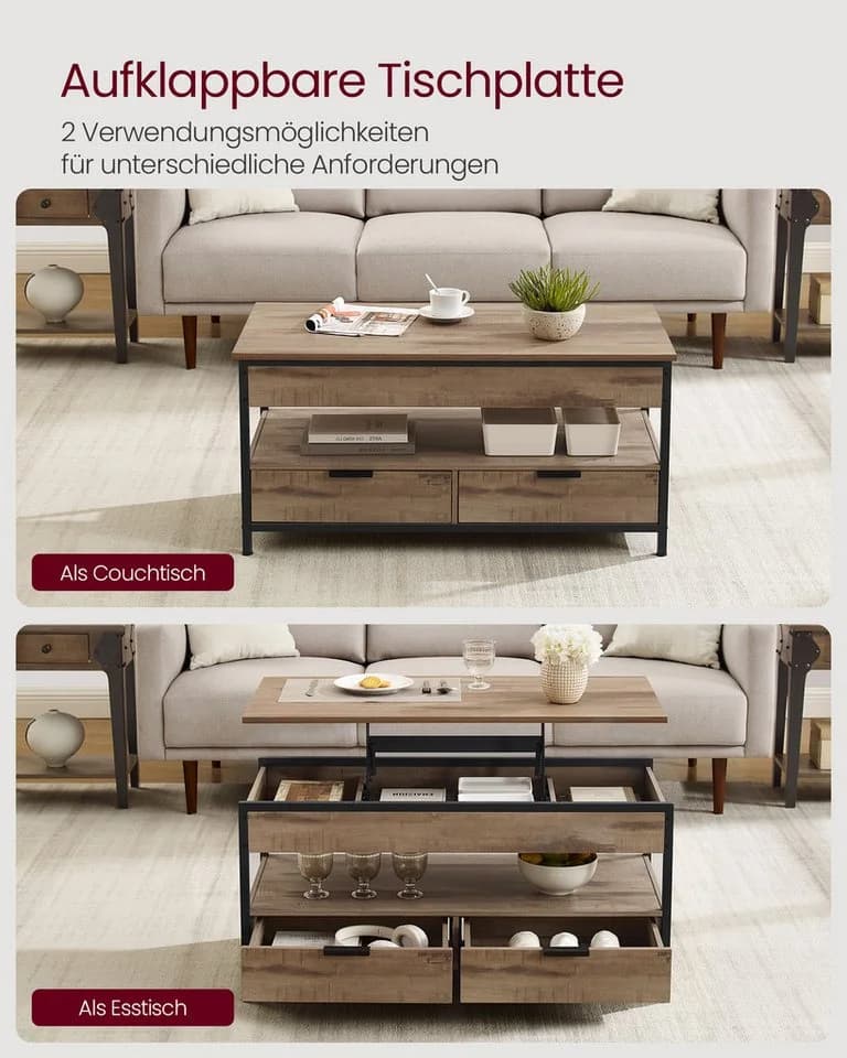 VASAGLE Couchtisch Braun/Schwarz Höhenverstellbar 2 Schubladen - Bild 4