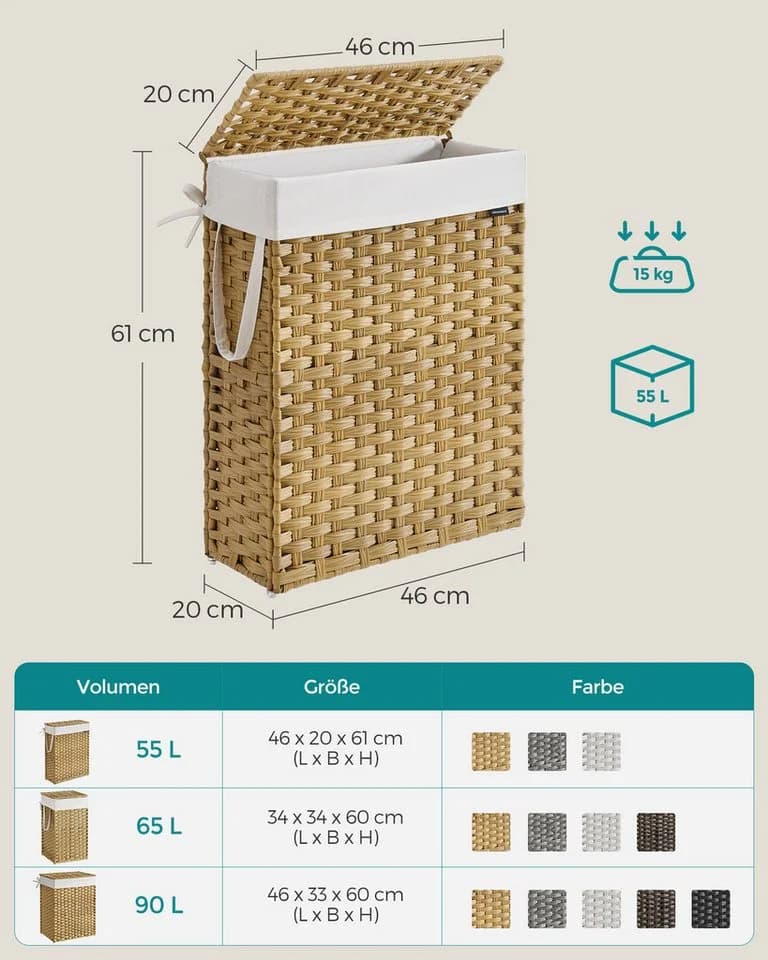 SONGMICS Wäschekorb schmal 55 L Pastellgelb Stahlrahmen - Bild 5