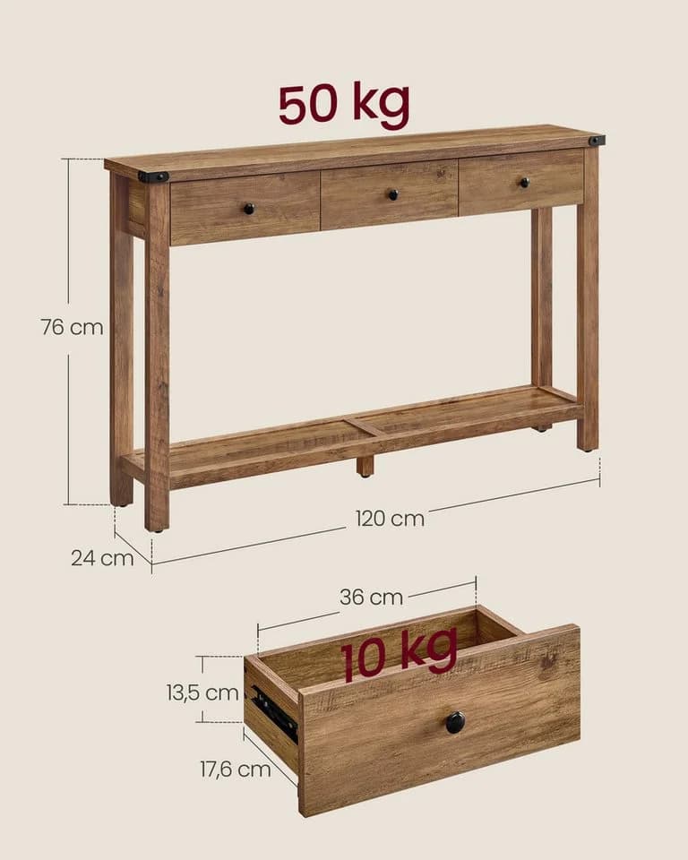 VASAGLE Konsolentisch Beistelltisch Honigbraun 3 Schubladen - Bild 5