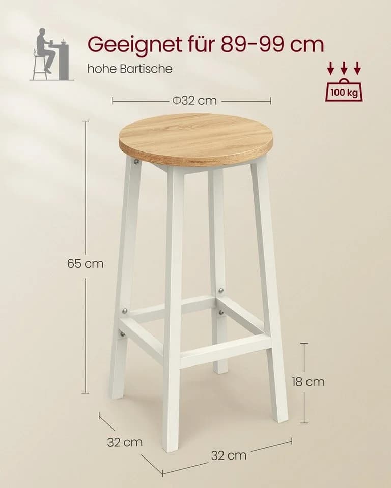VASAGLE Barhocker 2er Set 65/74 cm Eichenbeige-Weiß Holzspanplatte Stahl - Bild 3