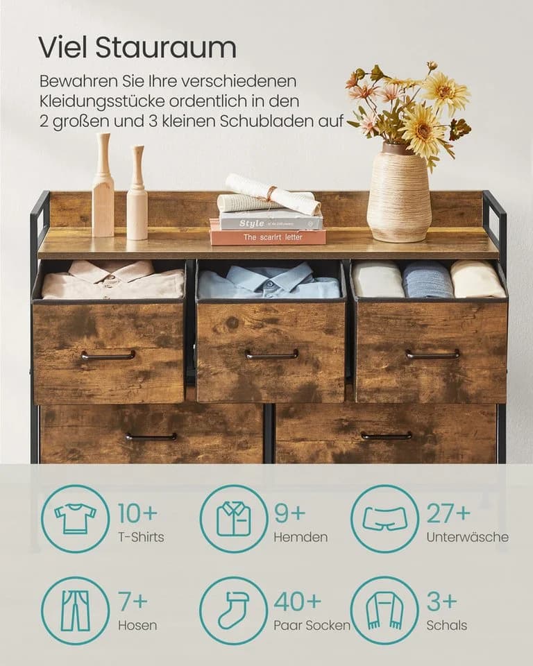 SONGMICS Kommode Schlafzimmer 5 Stoff-Schubladen Wolkenweiß-Eichenbeige - Bild 3