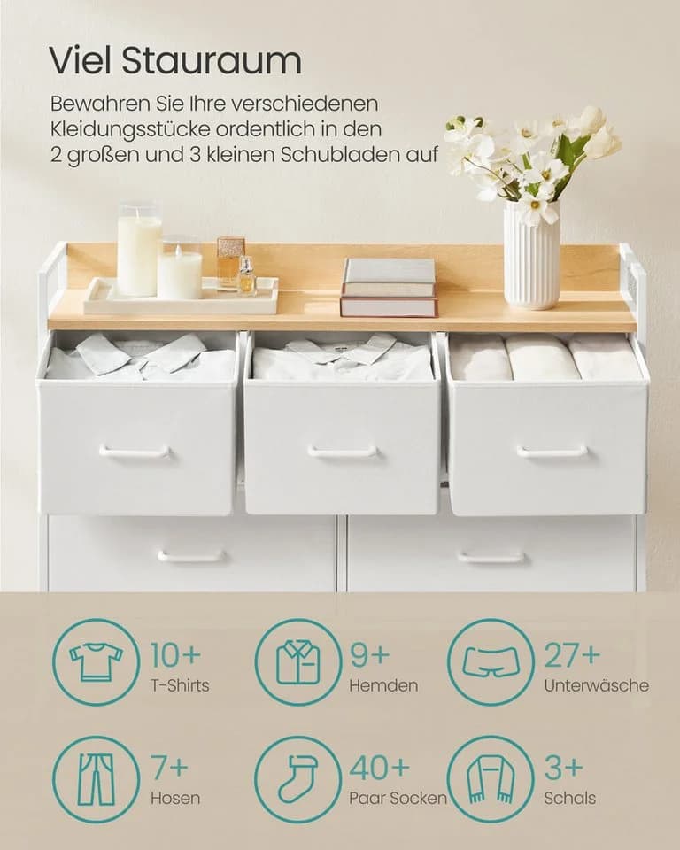 SONGMICS Kommode Schlafzimmer Wolkenweiß-Eichenbeige 5 Stoff-Schubladen - Bild 3