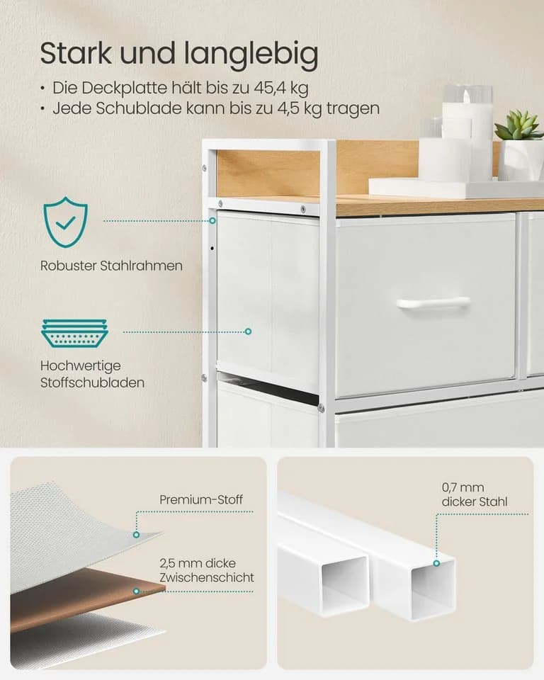 SONGMICS Kommode Schlafzimmer Wolkenweiß-Eichenbeige 5 Stoff-Schubladen - Bild 4