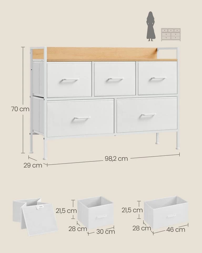 SONGMICS Kommode Schlafzimmer Wolkenweiß-Eichenbeige 5 Stoff-Schubladen - Bild 5