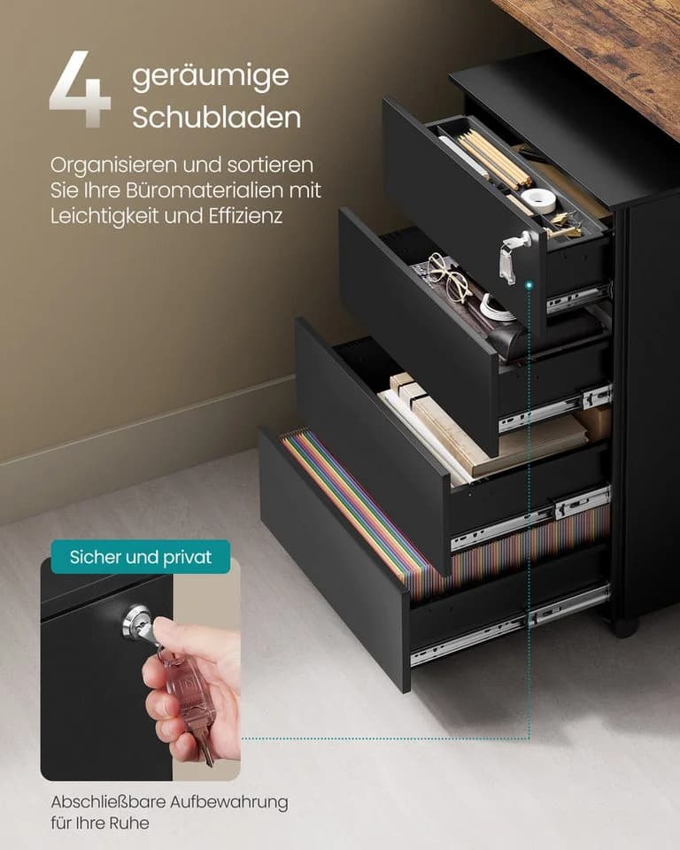 SONGMICS Rollcontainer Schubladenschrank 4 Schubladen Metallschrank Druckertisch Abschließbar - Bild 3