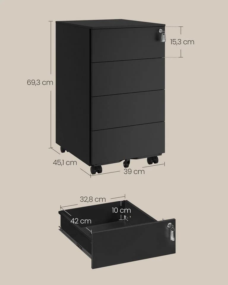 SONGMICS Rollcontainer Schubladenschrank 4 Schubladen Metallschrank Druckertisch Abschließbar - Bild 5
