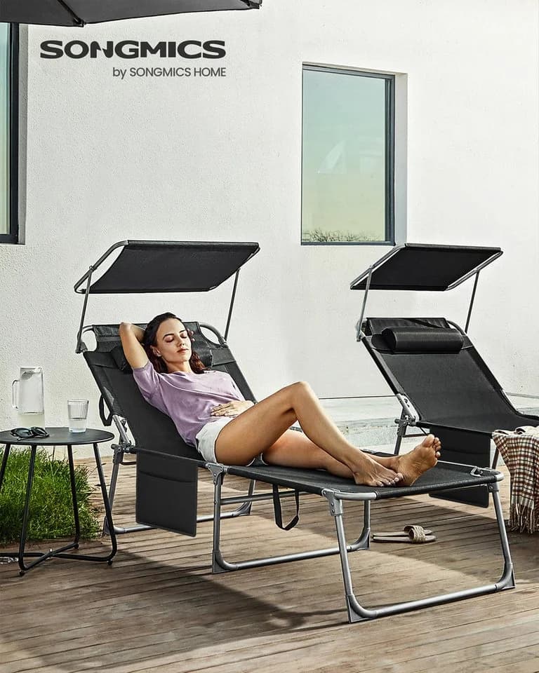 SONGMICS Gartenliege 2er Set Schwarz Anthrazit Klappbar