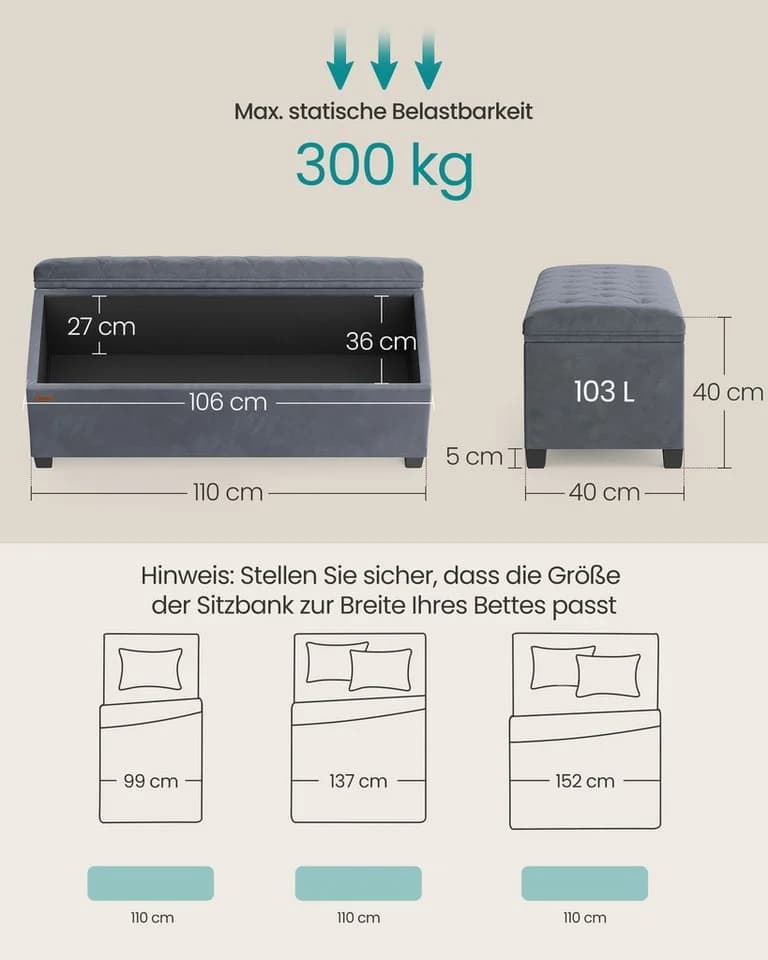 SONGMICS Sitzbank Schiefergrau MDF Sitzhocker mit Stauraum - Bild 5