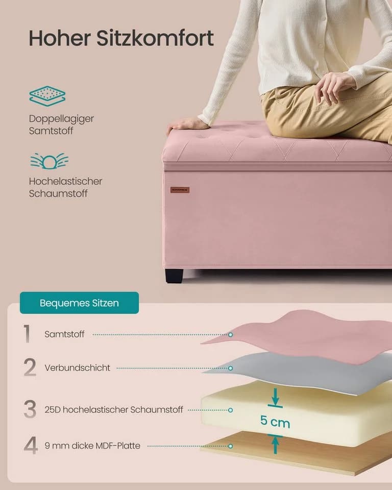 SONGMICS Sitzbank Pastellrosa MDF Samt - Bild 4