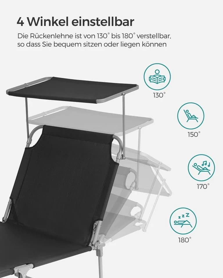 SONGMICS Gartenliege 2 St. Klappbar mit Kopfstütze Schwarz/Grau - Bild 3