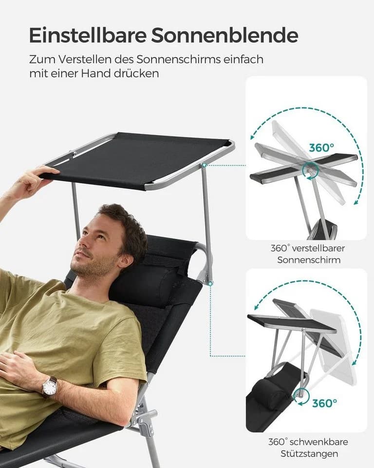 SONGMICS Gartenliege 2 St. Klappbar mit Kopfstütze Schwarz/Grau - Bild 4