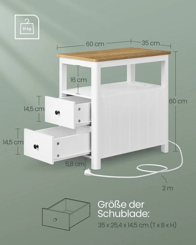 VASAGLE Beistelltisch mit Steckdosenleiste 2 Schubladen maritimer Stil - Bild 5