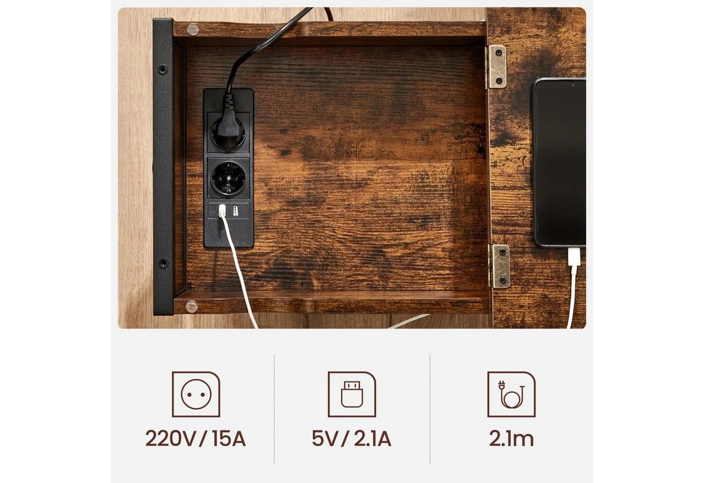 VASAGLE Beistelltisch Steckdosen USB-Anschlüsse Klappbare Tischplatte Vintagebraun - Bild 4