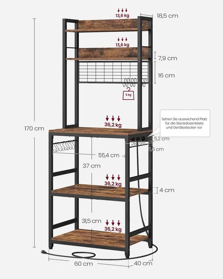 VASAGLE Küchenregal mit Steckdosen 14 Haken 40 x 80 x 170 cm - Bild 3