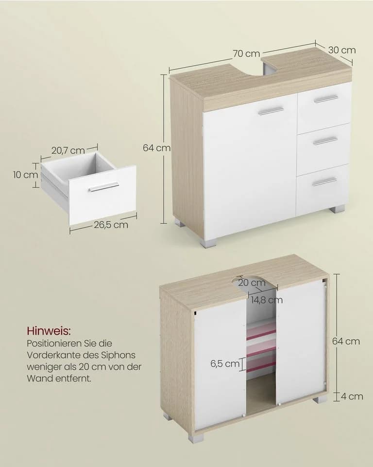VASAGLE Waschbeckenunterschrank Badezimmerschrank Badschrank 3 Schubladen Weiß - Bild 4