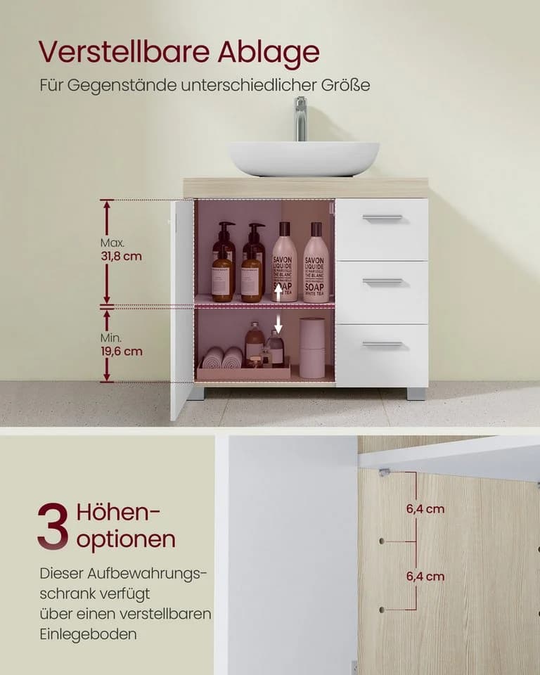 VASAGLE Waschbeckenunterschrank Badezimmerschrank Badschrank 3 Schubladen Weiß - Bild 5