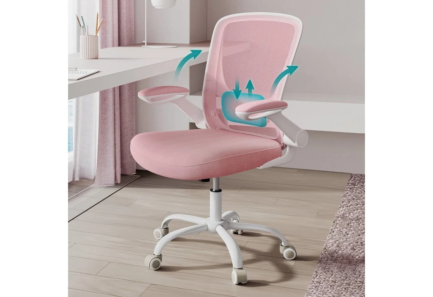 SONGMICS Bürostuhl Ergonomisch Drehstuhl Mesh Wippfunktion Klappbare Armlehnen Rosa