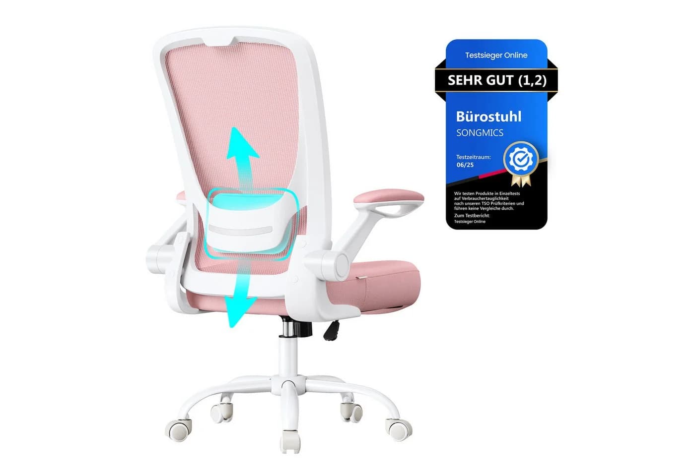 SONGMICS Bürostuhl Ergonomisch Drehstuhl Mesh Wippfunktion Klappbare Armlehnen Rosa - Bild 2