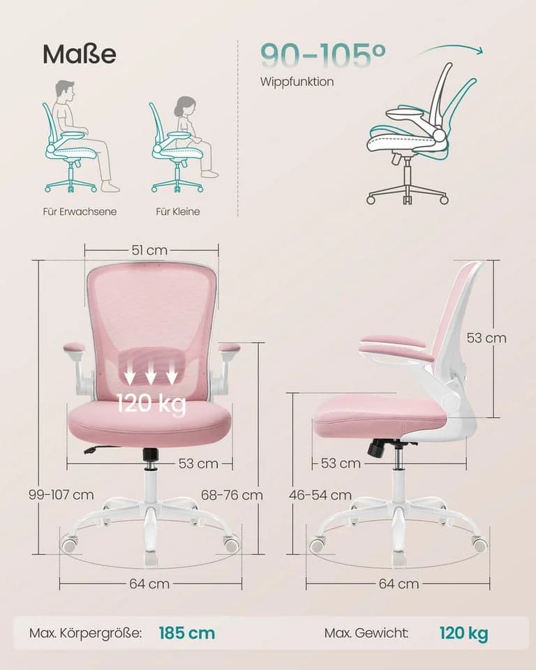 SONGMICS Bürostuhl Ergonomisch Drehstuhl Mesh Wippfunktion Klappbare Armlehnen Rosa - Bild 3