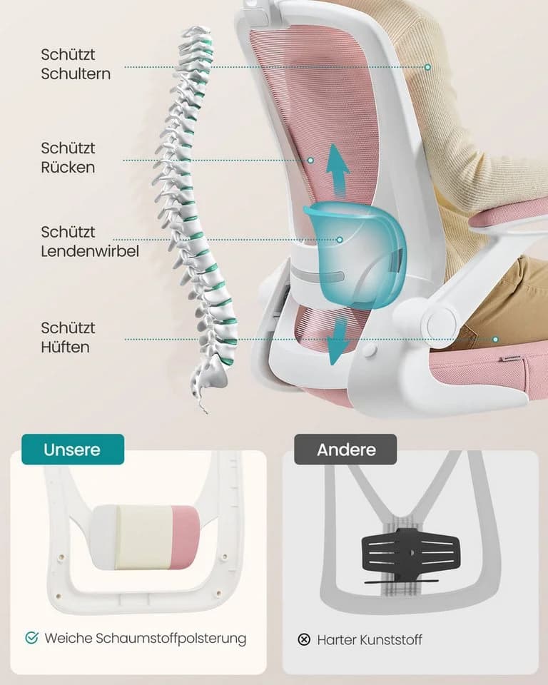SONGMICS Bürostuhl Ergonomisch Drehstuhl Mesh Wippfunktion Klappbare Armlehnen Rosa - Bild 4