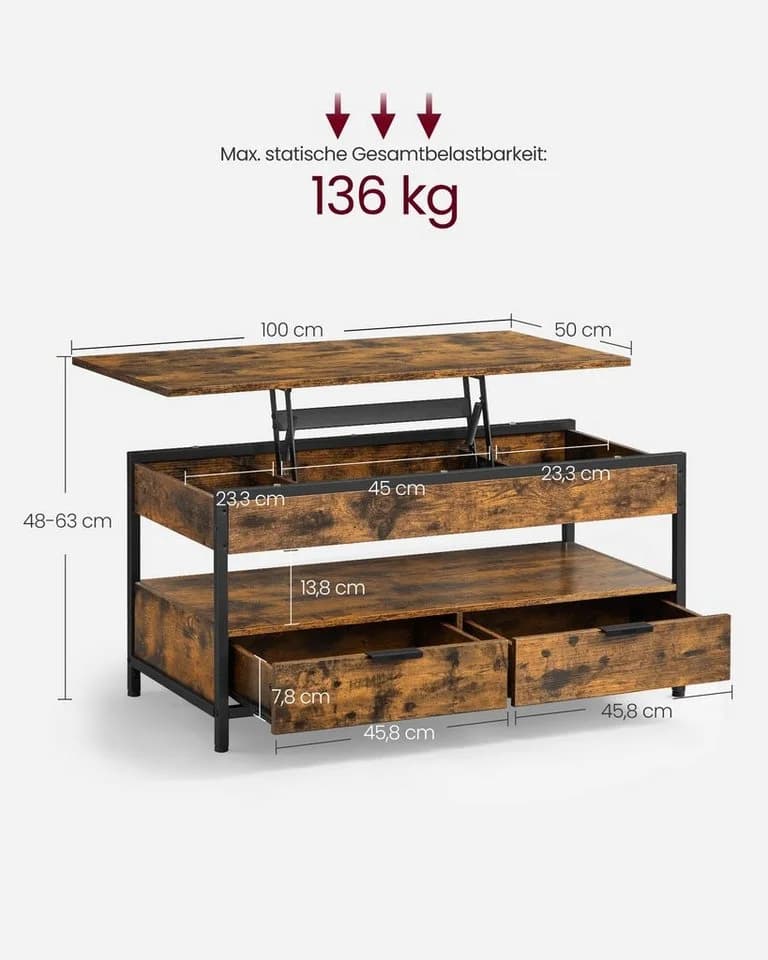 VASAGLE Couchtisch Höhenverstellbar mit Schubladen 50 x 100 cm
