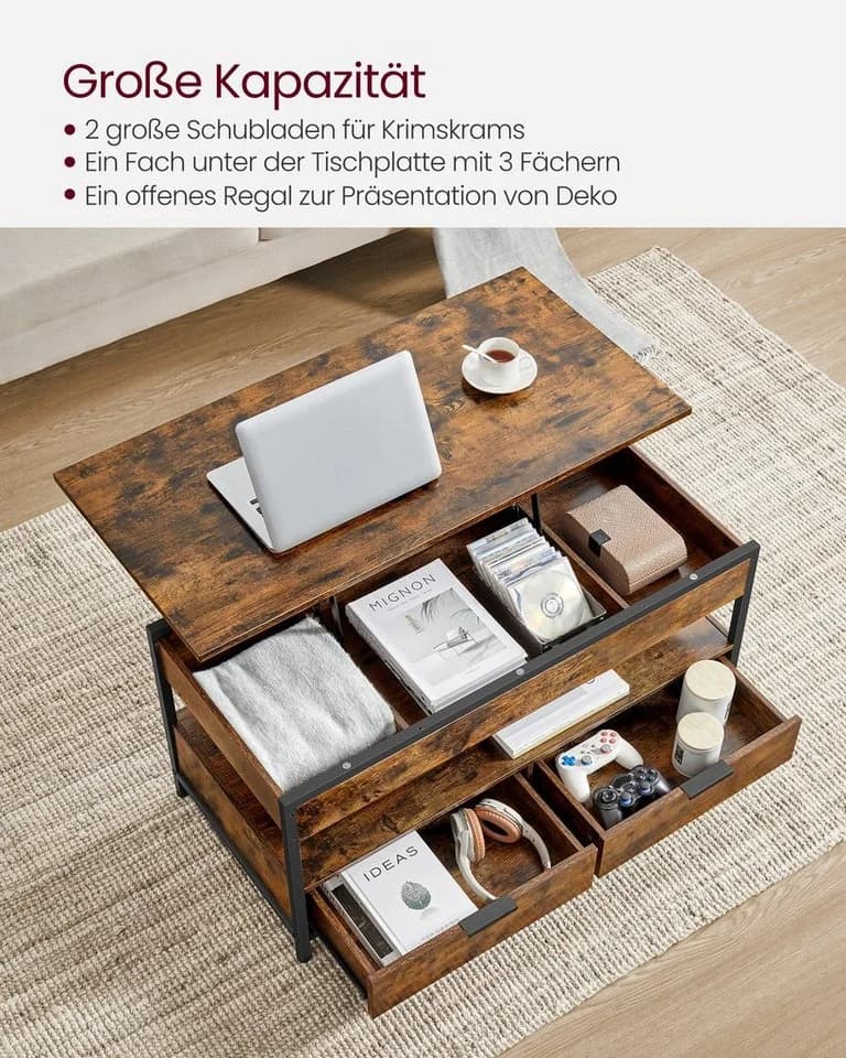 VASAGLE Couchtisch Höhenverstellbar mit Schubladen 50 x 100 cm - Bild 5
