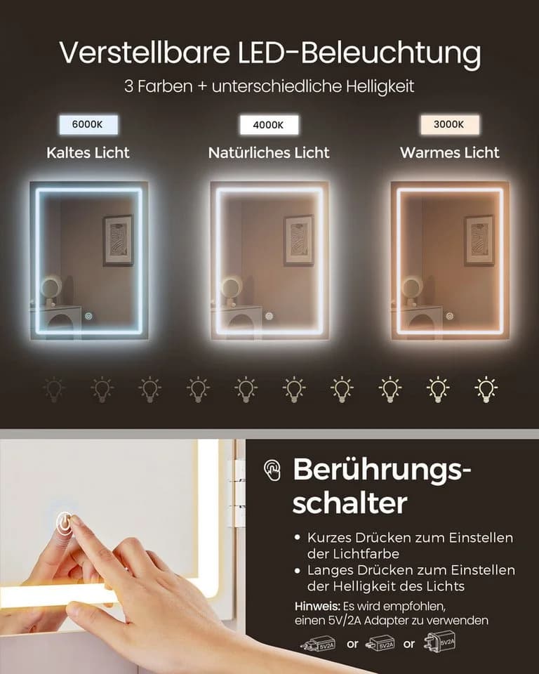 VASAGLE Schminktisch mit LED-Beleuchtung, Frisiertisch mit Spiegel, Kosmetiktisch mit Schubladen, Wolkenweiß - Bild 3