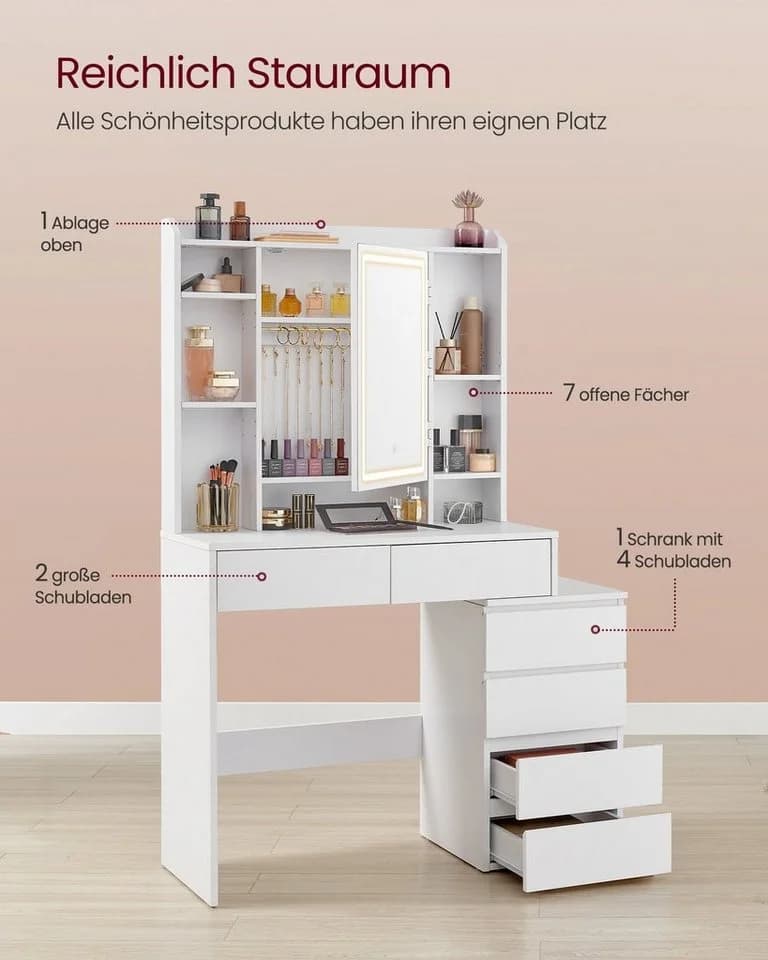 VASAGLE Schminktisch mit LED-Beleuchtung, Frisiertisch mit Spiegel, Kosmetiktisch mit Schubladen, Wolkenweiß - Bild 4