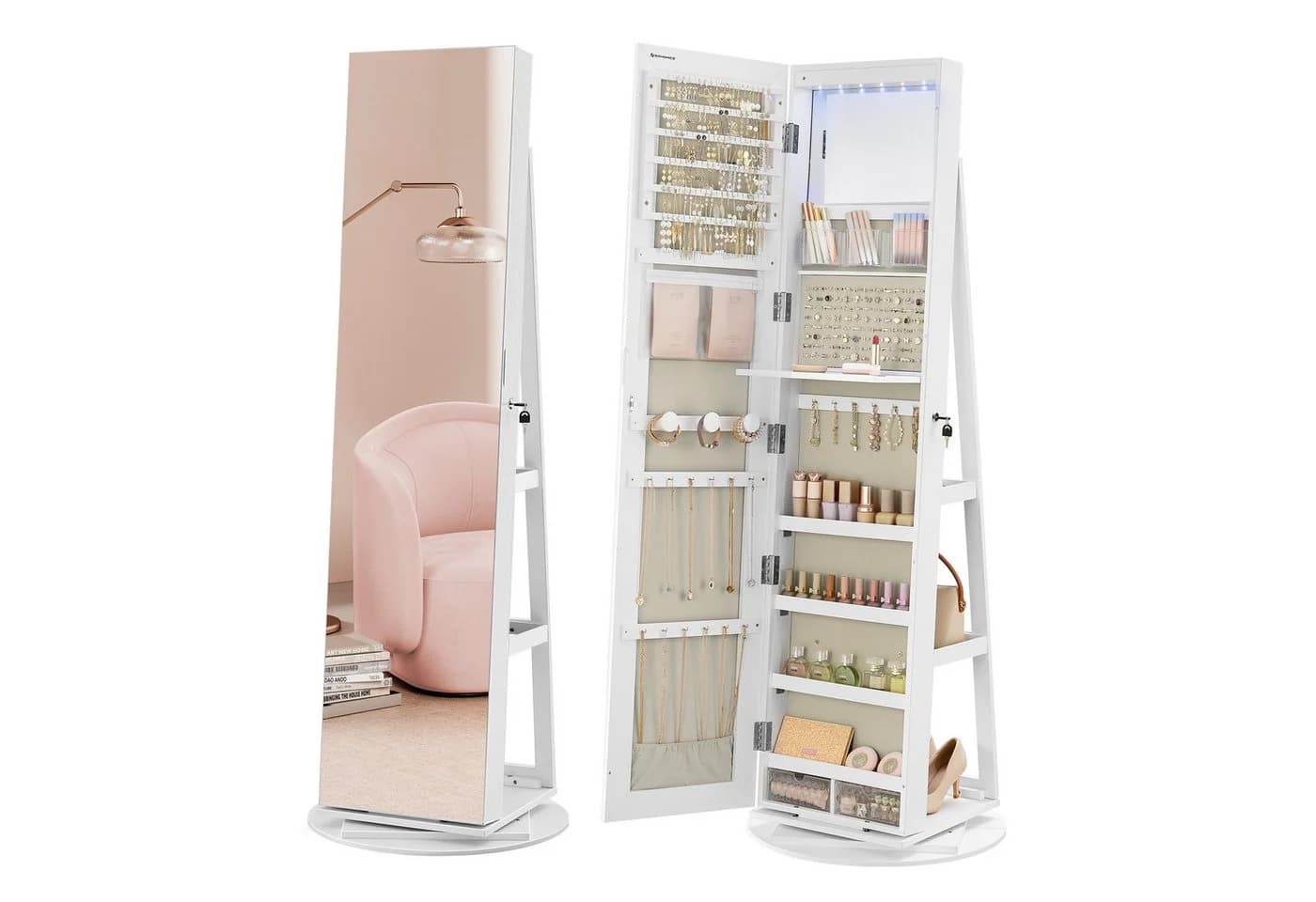 SONGMICS Schmuckschrank mit LED und Spiegel 360° drehbar Weiß - Bild 2