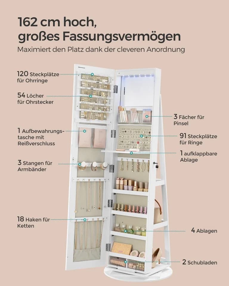 SONGMICS Schmuckschrank mit LED und Spiegel 360° drehbar Weiß - Bild 4