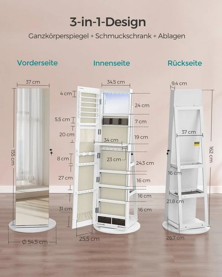 SONGMICS Schmuckschrank mit LED und Spiegel 360° drehbar Weiß - Bild 5