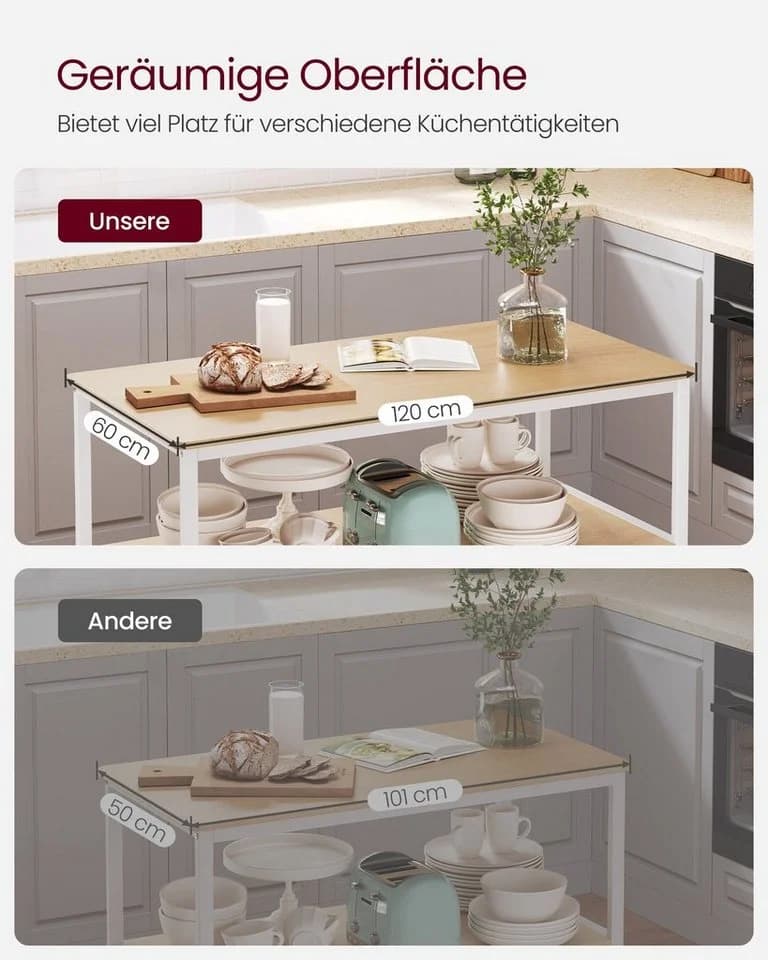 VASAGLE Küchenregal Kücheninsel Standregal 60 x 120 x 90 cm Eichenfarben-Weiß - Bild 4