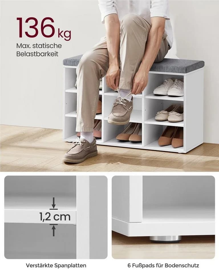 VASAGLE Schuhbank mit 9 Fächern Weiß Leinenimitat - Bild 3