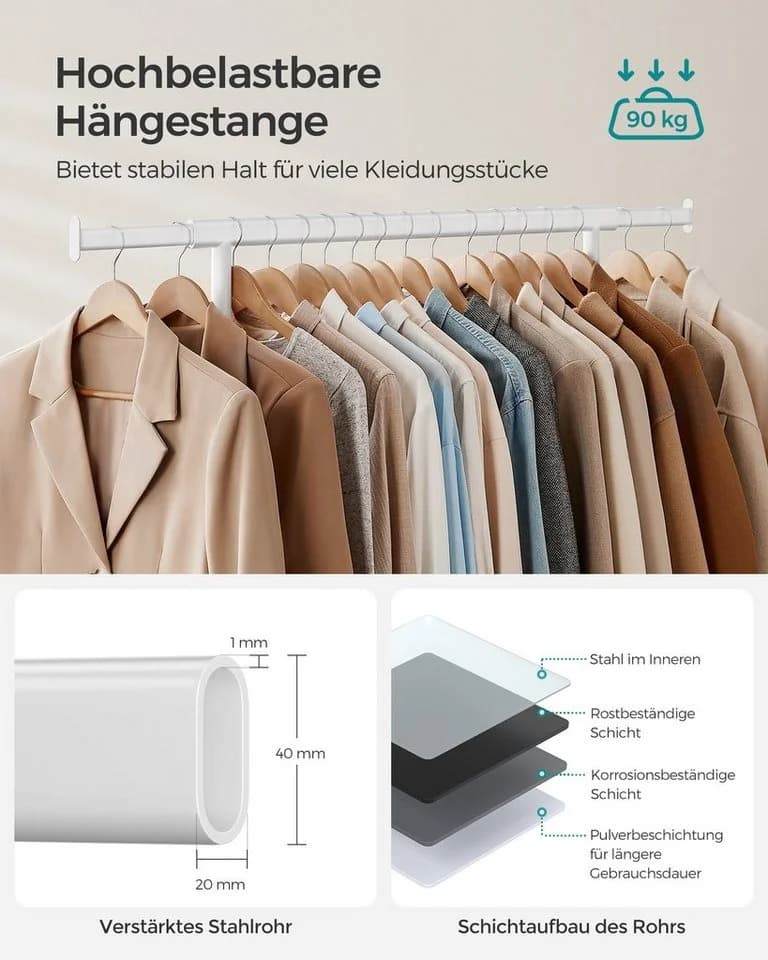 SONGMICS Kleiderständer Garderobenständer auf Rollen bis 90 kg belastbar Klassikweiß - Bild 3