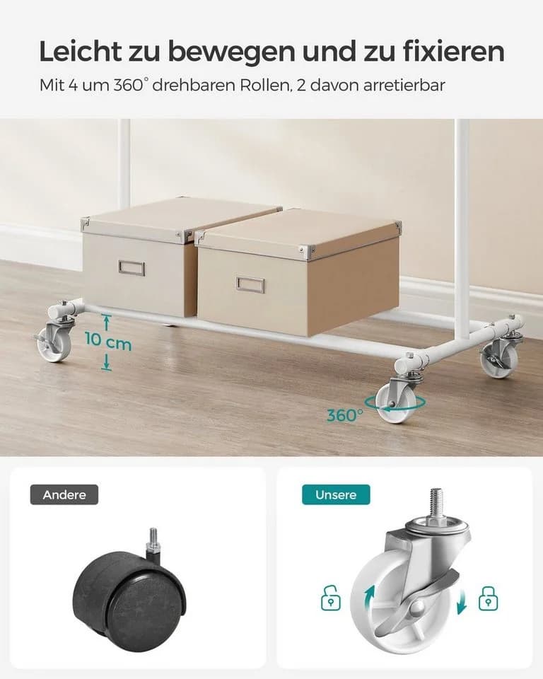 SONGMICS Kleiderständer Garderobenständer auf Rollen bis 90 kg belastbar Klassikweiß - Bild 4