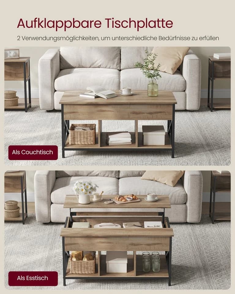 VASAGLE Couchtisch Höhenverstellbar Versteckter Stauraum 60 x 100/120 x (48-62) cm
