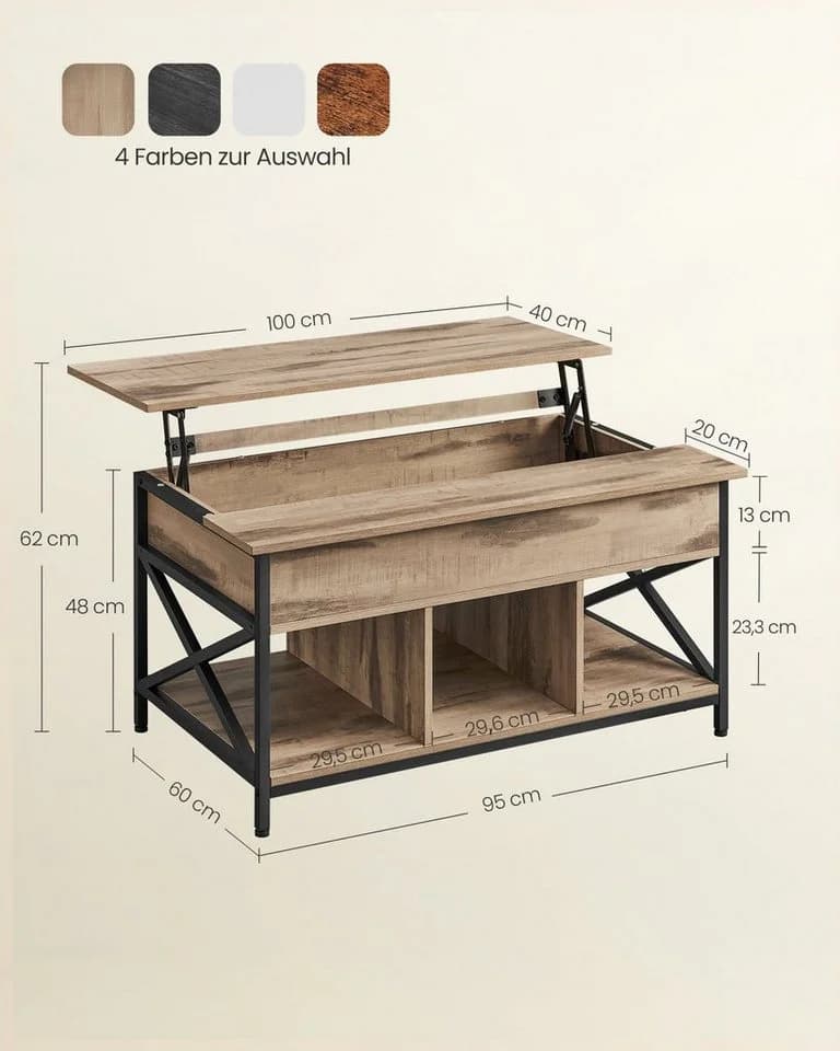 VASAGLE Couchtisch Höhenverstellbar Versteckter Stauraum 60 x 100/120 x (48-62) cm - Bild 3