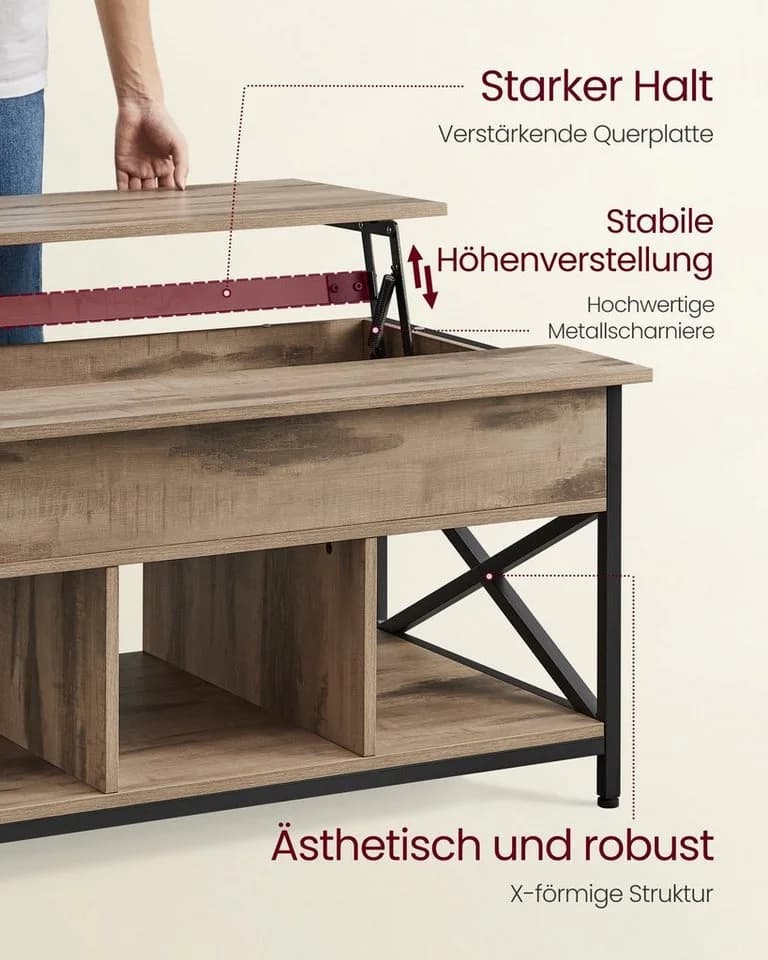 VASAGLE Couchtisch Höhenverstellbar Versteckter Stauraum 60 x 100/120 x (48-62) cm - Bild 5