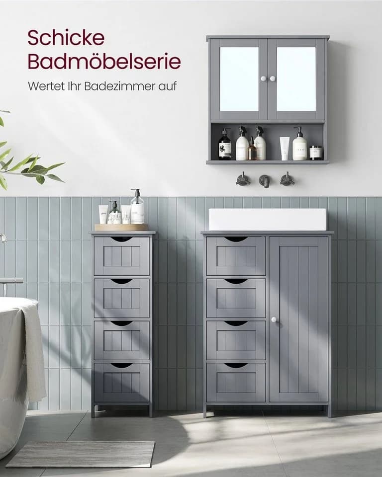 VASAGLE Spiegelschrank Badschrank Wandschrank Hängeschrank 56,5-65cm Weiß/Taubengrau - Bild 5