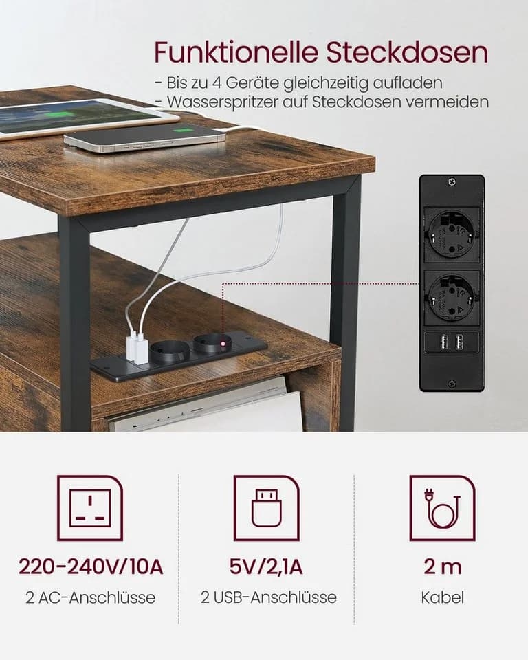 VASAGLE Beistelltisch 60x35x61 cm Nachttisch mit Steckdosenleiste 2 Schubladen - Bild 4