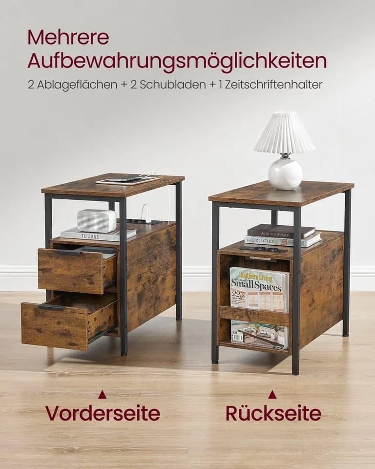 VASAGLE Beistelltisch 60x35x61 cm Nachttisch mit Steckdosenleiste 2 Schubladen - Bild 5