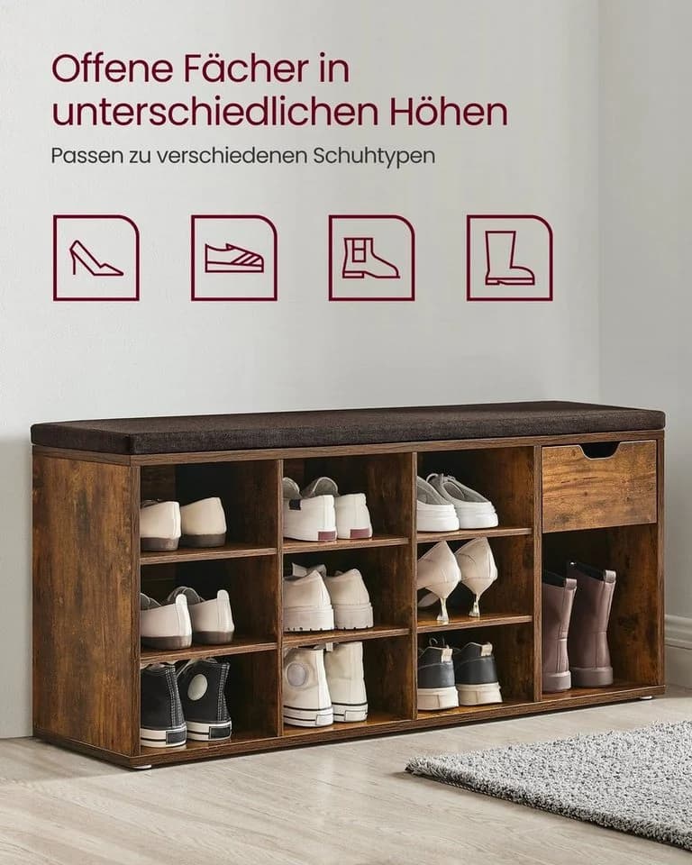 VASAGLE Schuhbank 1 Schublade 10 Fächer Braun 104x30x48 cm - Bild 4