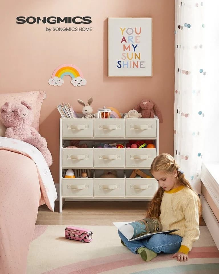 SONGMICS Kinderregal Bücherregal Wolkenweiß mit 9 Aufbewahrungsboxen