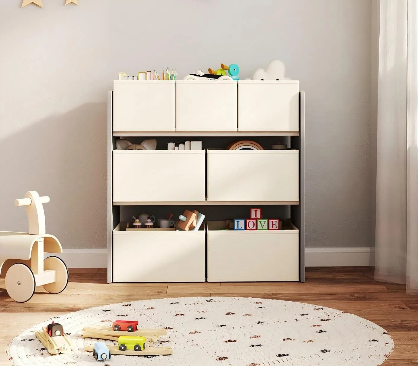 SONGMICS Kinderregal Bücherregal mit 7 Aufbewahrungsboxen aus Vliesstoff, Kinderzimmer-Regal