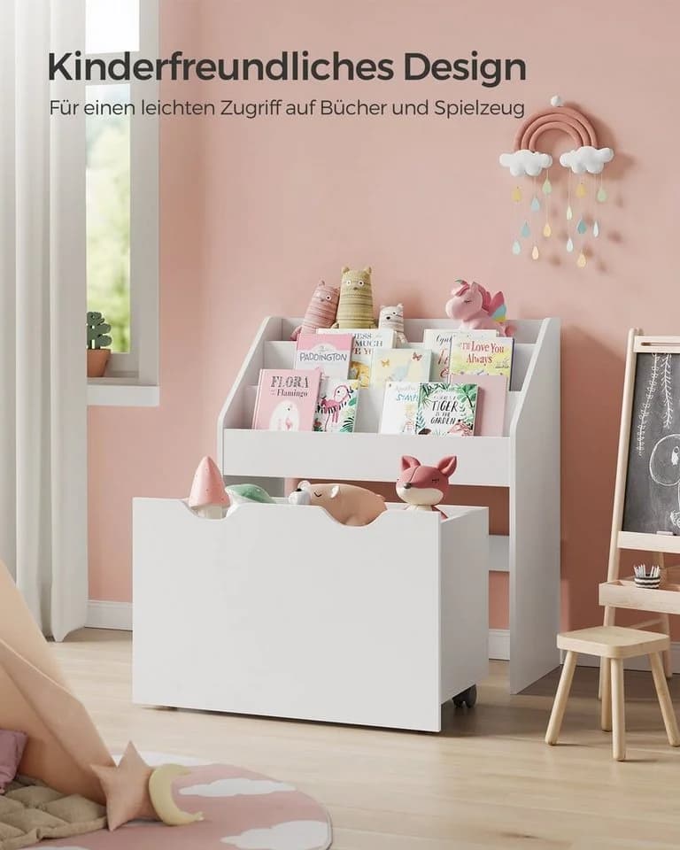 SONGMICS Spielzeugtruhe Bücherregal für Kinder, Kinderregal, Spielzeugregal, mit 3 Regalebenen, auf Rollen - Bild 4