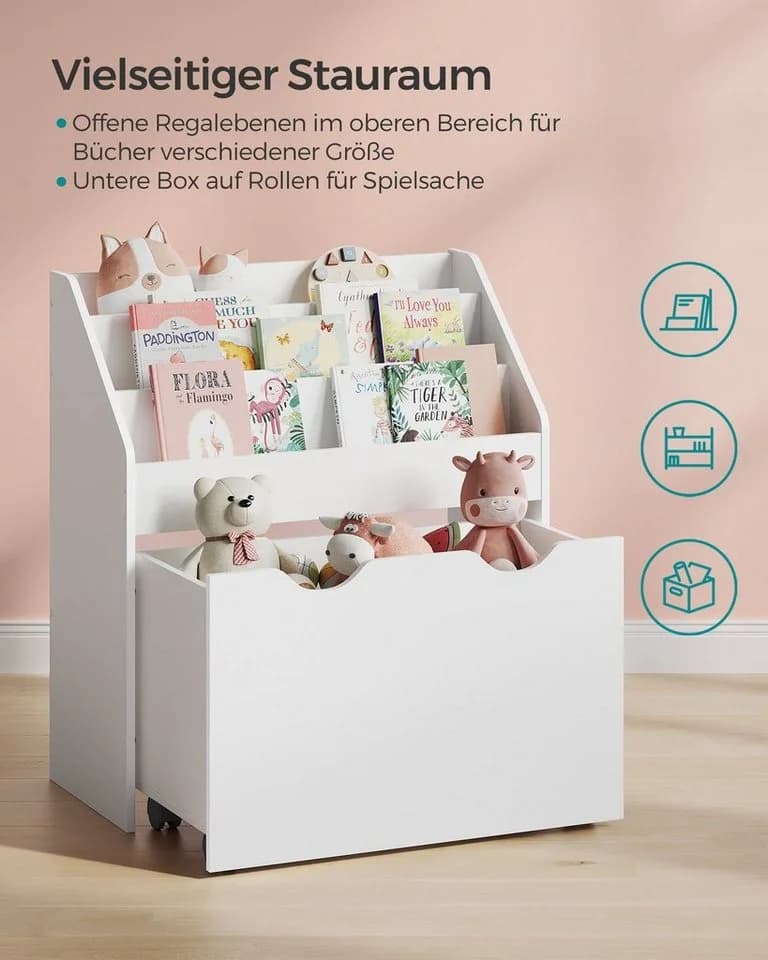 SONGMICS Spielzeugtruhe Bücherregal für Kinder, Kinderregal, Spielzeugregal, mit 3 Regalebenen, auf Rollen - Bild 5