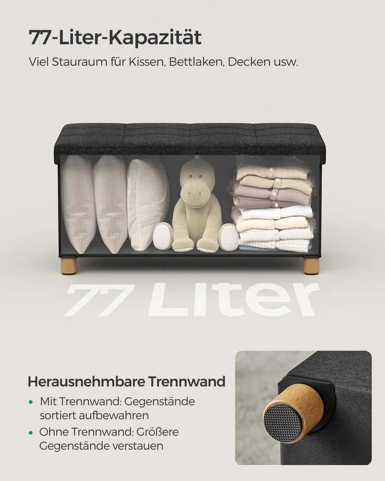 SONGMICS Sitzbank 76/110cm mit Stauraum, klappbare Sitztruhe, Fußbank - Bild 5