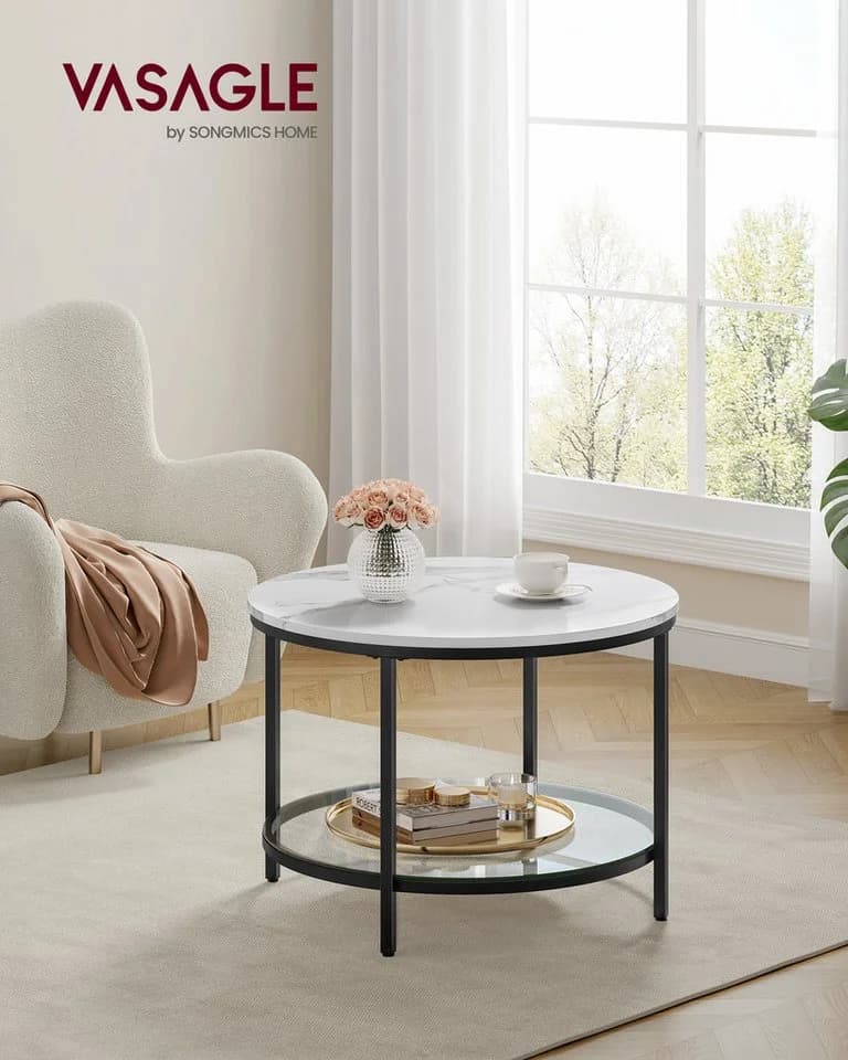 VASAGLE Couchtisch Beistelltisch Marmoroptik Hartglasablage